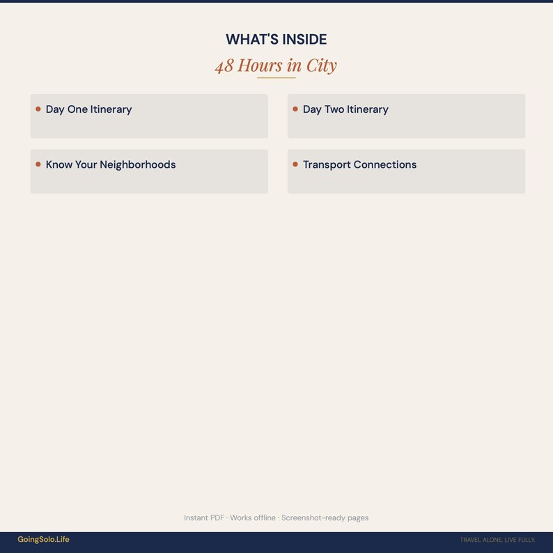 May include: A digital document titled "48 Hours in City" with a cream background. The text "What's Inside" is above four bullet points: Day One Itinerary, Day Two Itinerary, Know Your Neighborhoods, and Transport Connections.