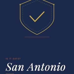 Pu&ograve; includere: Una guida informativa blu scuro intitolata GoingSolo.Life Safety Guide Series. Presenta un'icona a scudo dorato con un segno di spunta, il testo IS IT SAFE? San Antonio, SOLO TRAVELER SAFETY GUIDE e il testo a pi&egrave; di pagina TRAVEL ALONE. LIVE FULLY.