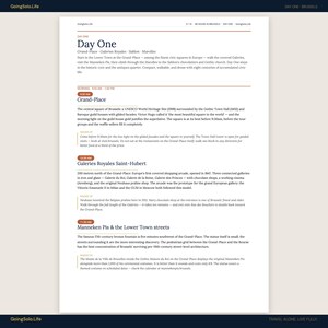 May include: A page from a travel guide titled "Day One Brussels" with text about Grand-Place, Galeries Royales Saint-Hubert, and Manneken Pis. The guide includes details on historical sites and activities.