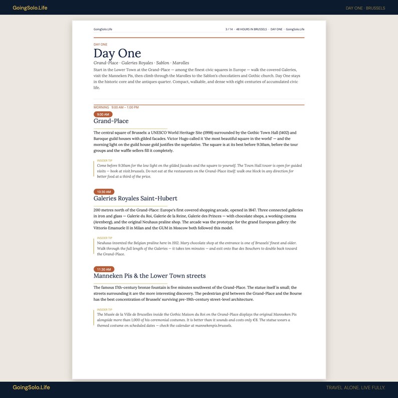 May include: A page from a travel guide titled "Day One Brussels" with text about Grand-Place, Galeries Royales Saint-Hubert, and Manneken Pis. The guide includes details on historical sites and activities.