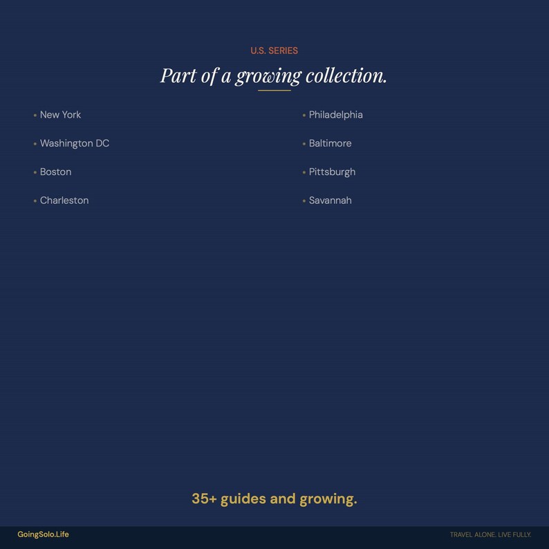 Op de afbeelding: Donkerblauwe afbeelding met tekst die luidt "U.S. SERIES" en "Part of a growing collection." Lijst met steden: New York, Washington DC, Boston, Charleston, Philadelphia, Baltimore, Pittsburgh en Savannah. De tekst "35+ guides and growing" is ook aanwezig.