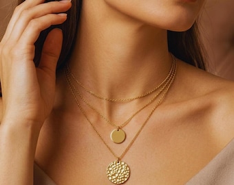 Layered Gold Disc Necklace Set, Minimalist Choker Multi Strand Jewelry