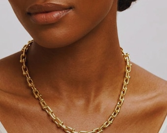 Tiffany Hardware Necklace-925 Sterling Silver Chain Link Nacklace, 18K Gold Plated Link Hardware Paperclip Chain Necklace, Gift For Her