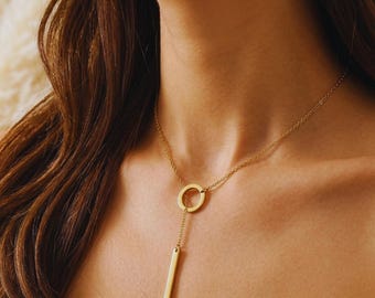 Gold Stainless Steel Circle Bar Lariat Necklace, Minimalist Y Pendant, Modern Layering Jewelry