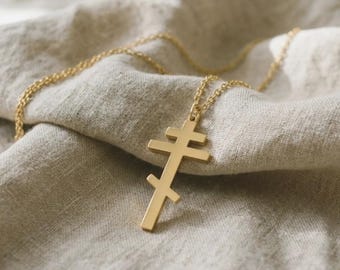 Russisch-Orthodoxe Kreuzhalskette aus 18K Gold, christlicher Glaube Schmuck, religiöser Anhänger, spiritueller Schutz Geschenk für Sie oder Ihn