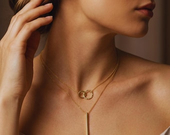 Linked Layered Necklaces Set, Interlocking Circles Vertical Bar, Minimalist Gold Silver