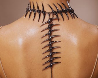 Spike Chain Necklace Punk Gothic Statement Streetwear Jewelry, Gothic Back Statement Jewelry, Alternative Chain