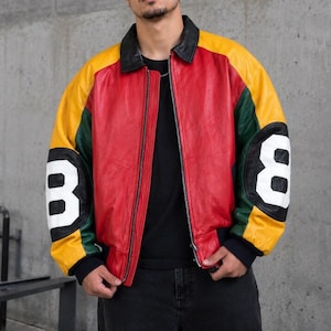 Chaqueta bomber de piel de oveja auténtica para hombre, chaqueta universitaria con bloques de color, abrigo de cuero retro hecho a mano, chaqueta vintage con cremallera.