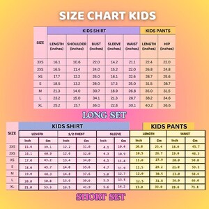 May include: A size chart for kids' shirts and pants, with measurements in inches. The chart includes sizes 3XS to XL, detailing length, shoulder, bust, sleeve, waist, and hip measurements for long and short sets.