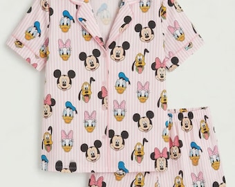 Disney Mickey Mouse And Minnie Mouse Pajama Satin Silk, Cute Princess Icon Sleepwear for Women – Fairytale Print Short Sleeve Lounge Set
