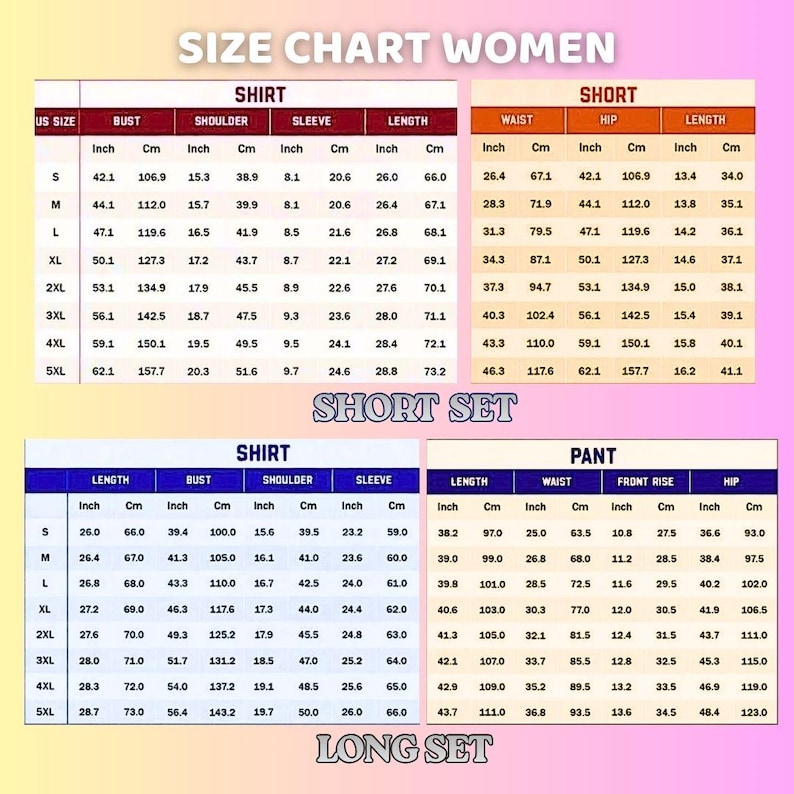 May include: A size chart for women's clothing, including shirts, shorts, and long sets. Measurements are provided in inches and centimeters for bust, shoulder, sleeve, length, waist, and hip sizes.