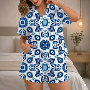 Può includere: Pigiama bianco con motivo floreale blu. Il set comprende un top a maniche corte con scollo a V e pantaloncini abbinati con vita con coulisse. Il design presenta un motivo ripetuto di paisley blu e motivi circolari.