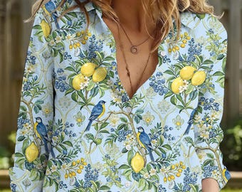 Talk Derby To Me Shirt - Kentucky Derby Day Floral Blouse - Women's All Over Print Horse Racing Top - Pink, Blue, White Linen Look Shirt