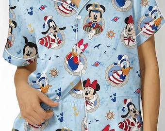 Disney Nautical Satin Silk Pajama Set, Mickey Minnie Donald Button pjs , Disney Nautical Cruise Character Button up, Cruise Vacation To