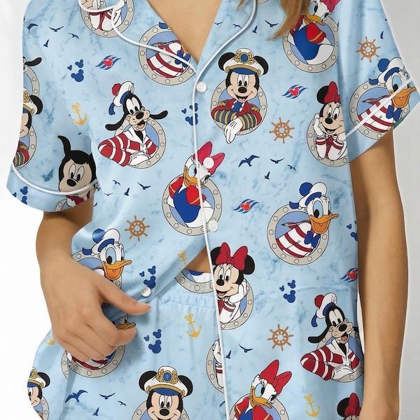 Disney Nautical Satin Silk Pajama Set, Mickey Minnie Donald Button pjs , Disney Nautical Cruise Character Button up, Cruise Vacation To