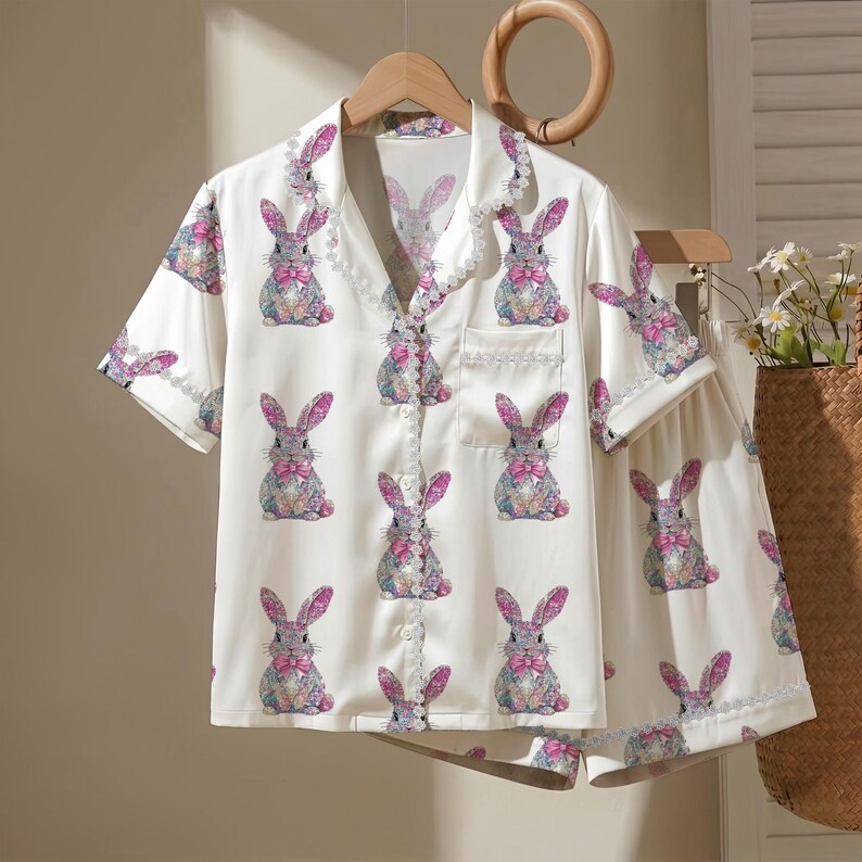 Sparkly Dazzle Bunny Coquette Pajamas, Easter Pajamas Set, Satin Pajama Short Sleeve, Spring Aesthetic Pjs, Womens Button Up Sleepwear #1