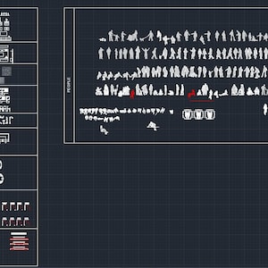 May include: Architectural CAD blocks diagram with various elements. Includes blocks for furniture, cars, doors, windows, and people. The diagram is in white on a dark blue grid background. Text includes "DYNAMICS BLOCKS" and "PEOPLE".