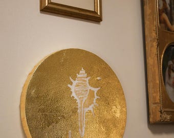 Original Gold Conch Painting, Sunken Treasure Coastal Artwork, Pearls, Quartz (10x10 Inch)