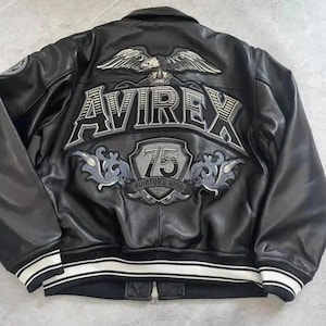 Avirex Black Aviator King 75th Anniversary Leather Bomber Jacket Men's Handmade Genuine Cowhide Leather Jacket Vintage Aviator Style