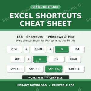 Excel Shortcuts Cheat Sheet | Windows & Mac Keyboard Shortcuts | Printable Office Reference Poster PDF