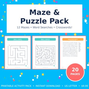 May include: A Maze & Puzzle Pack activity set featuring 12 mazes, word searches, and crosswords. The document includes a Level 1 maze, a Level 12 maze, and a space-themed word search. The cover displays the text 20 PAGES on a red circle.