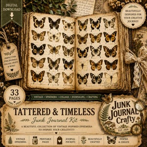 Może przedstawiać: Cyfrowy zestaw junk journal "Tattered & Timeless" w stylu vintage. Zawiera ilustracje motyli, efemerydy i elementy dziennika. Zestaw zawiera 33 strony do rękodzieła i prowadzenia dziennika. Zaprojektowany, aby inspirować kreatywność.