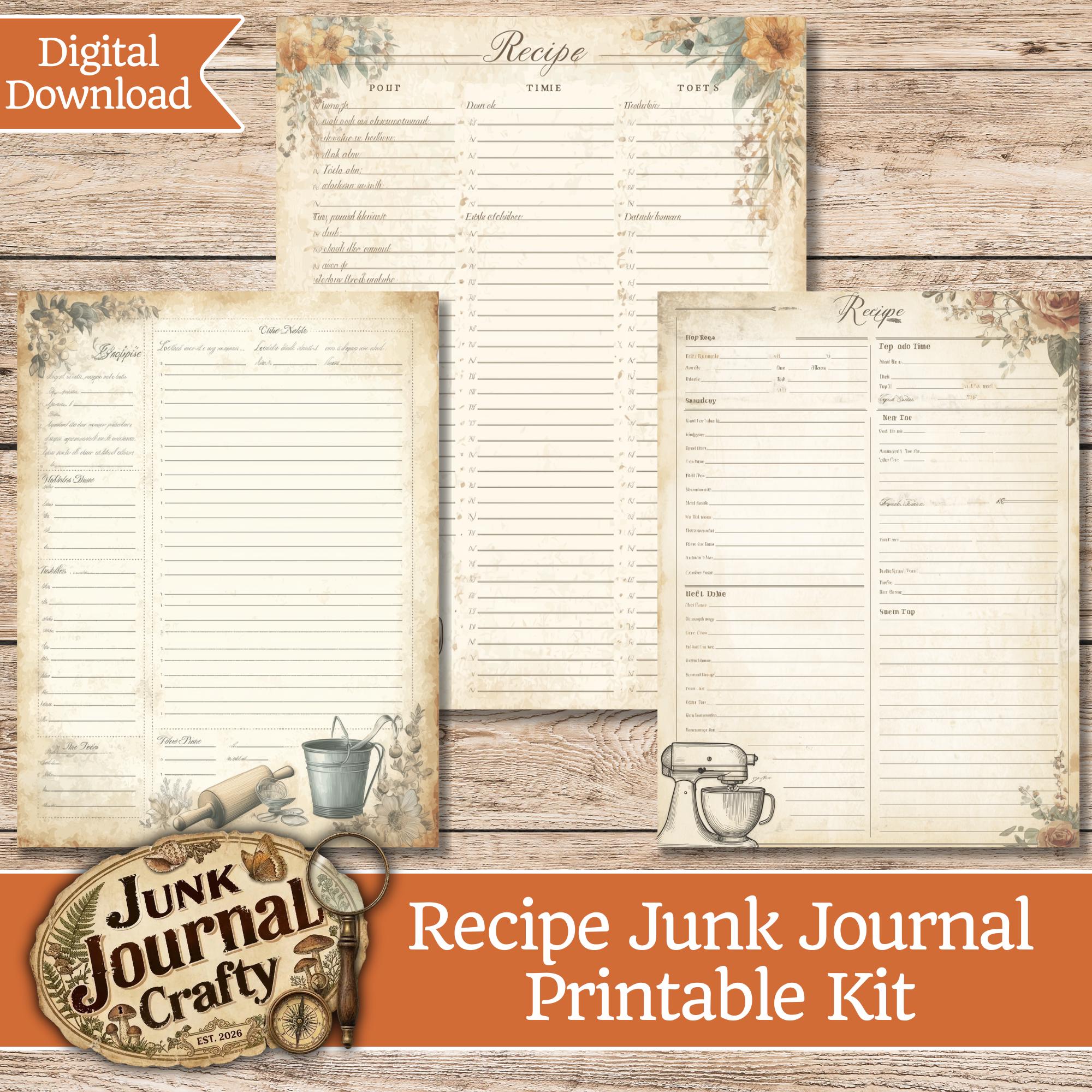 Vintage Recipe Junk Journal Kit, Kitchen Theme Scrapbook Pages ...