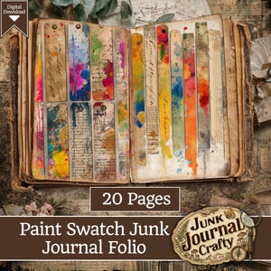 May include: Open junk journal with colorful paint swatch designs. The journal features 20 pages and includes the text "Paint Swatch Junk Journal Folio" and "Junk Journal Crafty". The digital download includes a vintage aesthetic.