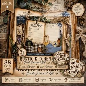 May include: A digital download of a Rustic Kitchen Junk Journal Kit. The kit includes vintage ephemera, recipe pages, pockets, tags, and beautifully crafted elements. The journal has 88 pages and is perfect for recipes, notes, memories, and more.
