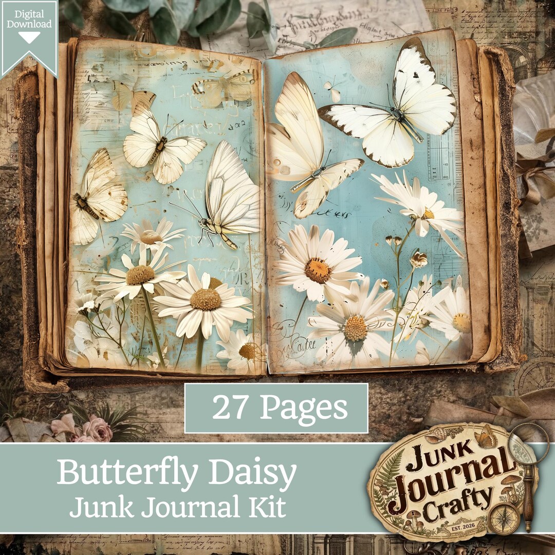 Butterfly Daisy Junk Journal Kit, Vintage Floral Scrapbook Paper ...