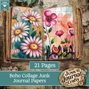 May include: Open journal with watercolor floral illustrations. The left page features large daisies with pink and white petals and yellow centers. The right page has pink flowers and a small fence. Text reads "21 Pages" and "Boho Collage Junk Journal Papers."
