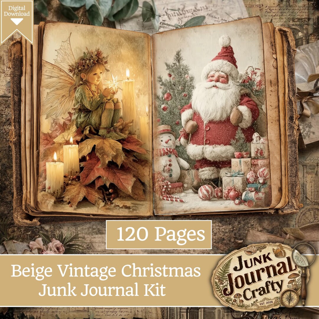 Beige Vintage Christmas Junk Journal Kit - 120 Pages Neutral Holiday ...