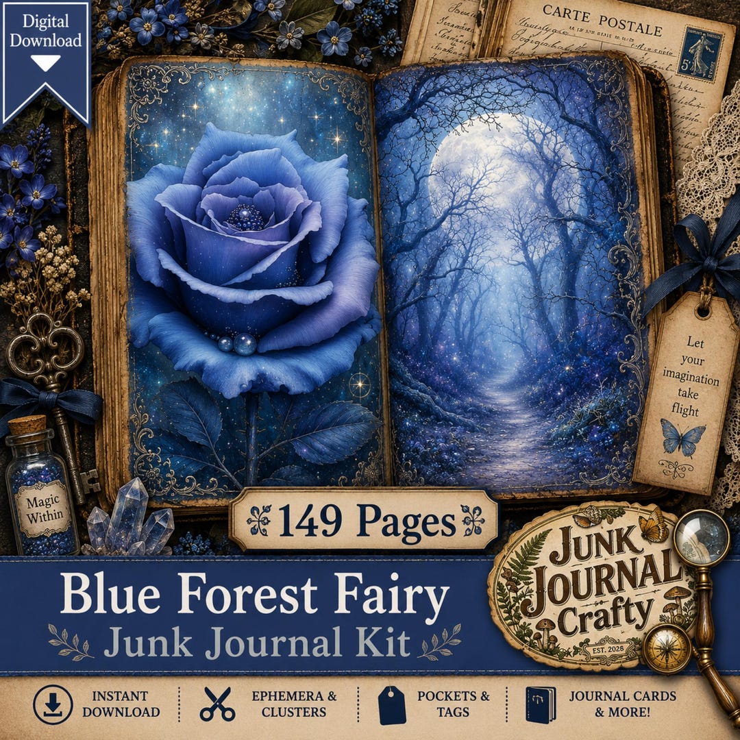 Blue Forest Fairy Junk Journal Page, Enchanted Woodland Printable Paper ...