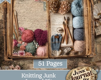 Vintage Nähen & Stricken Junk Journal Kit, Shabby Chic Häkelseiten, Faser Kunst Ephemera, druckbares Schneiderpapier, gemütliche Handwerkskunst
