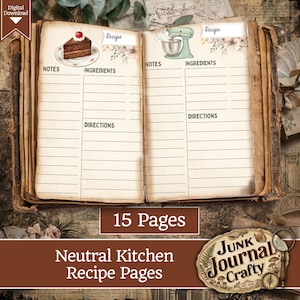 Kit de diario de cocina con elementos neutros, páginas de recetas vintage, artículos de repostería, papel para libros de cocina estilo cottagecore, imágenes digitales de comida de la abuela, arte imprimible.