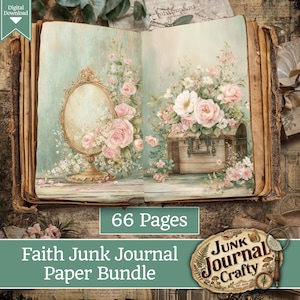 May include: Open junk journal with floral illustrations and a mirror. The journal features a soft color palette of pink, white, and green. The text "66 Pages" is displayed, along with "Faith Junk Journal Paper Bundle" and a logo.