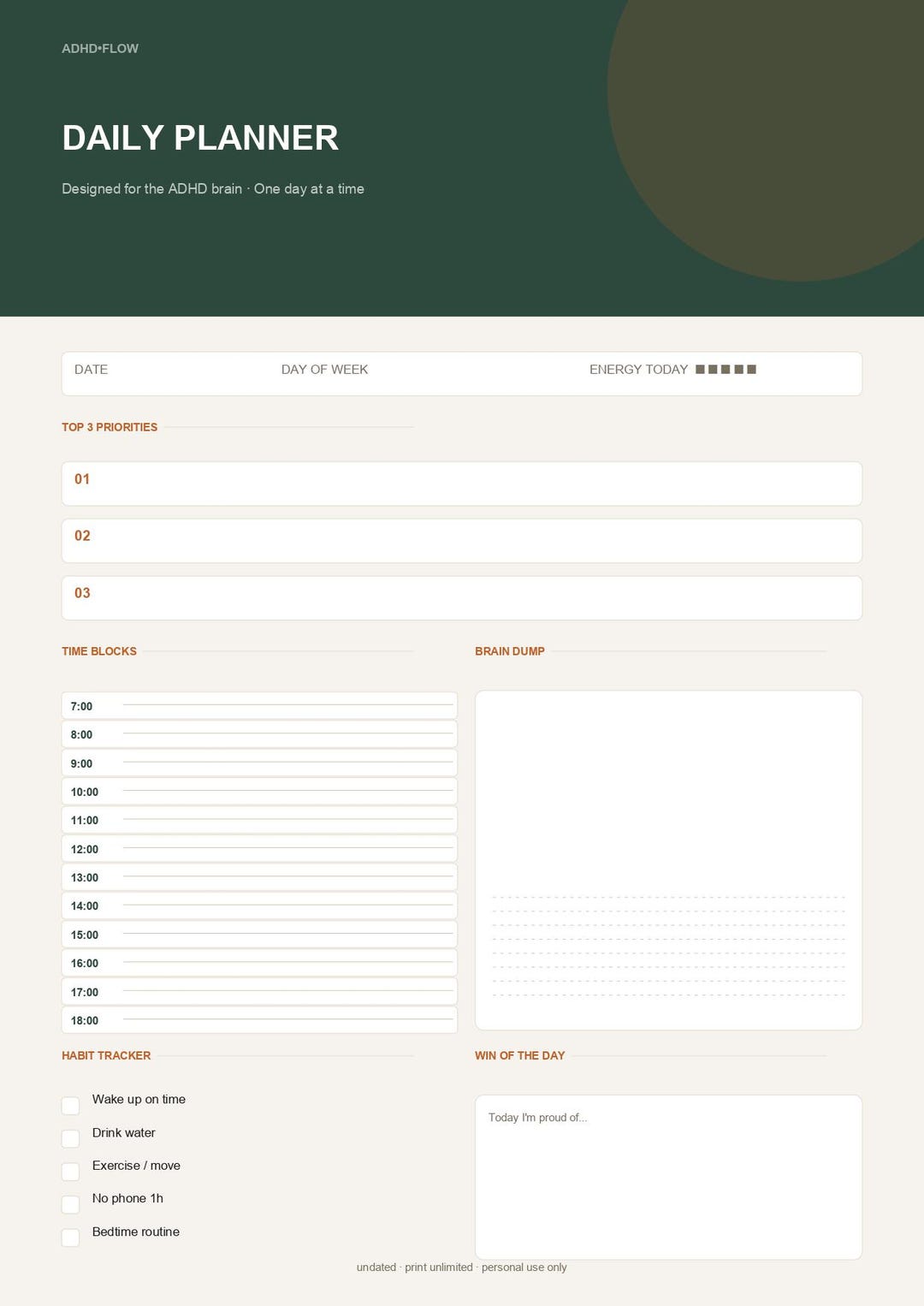 ADHD Daily Planner Printable Light | Minimal Focus Planner PDF | ADHD ...