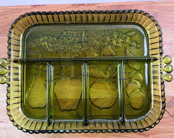 Vintage Indiana Glass Relish Tray | Avocado Green Mid Century Fruit Snack Server