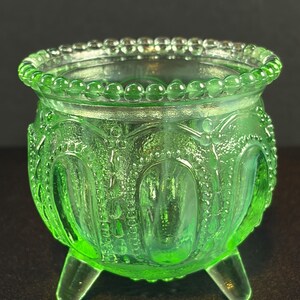 Vintage Uranium Glass Boyd Gypsy Pot, Green Vaseline Glass Toothpick Holder, UV Reactive Collectible