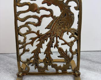 Vintage Folding Brass Phoenix Bookend | Hollywood Regency Ornate Metal Book Holder | Mid Century Decor