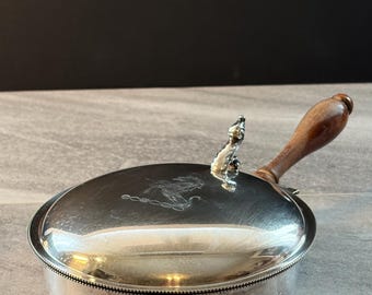 Vintage Silver Plated Crumb Butler Dish with Wood Handle, Engraved Stallion Detail