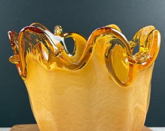 Vintage Amber Gold Italian Art Glass Bowl Vase – Murano Style Hand Blown Ruffled Rim