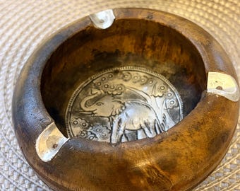 Wooden and Metal Etched Elephant Design Collectible Ashtray
