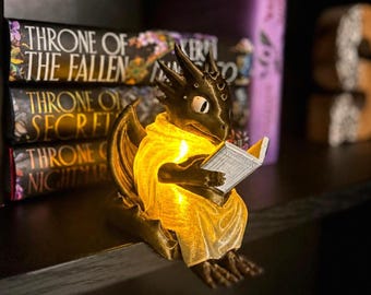 Dragon Bookshelf Decor Light, Book Lover Gift, Fantasy Reader Lamp, Bookish Shelf Decor, Reading Nook Dragon, LED Tea Light