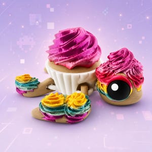 Può includere: Una statuetta a forma di tartaruga con un guscio a forma di cupcake bianco sormontato da una glassa rosa metallizzata. La testa e gli arti sono color marrone chiaro con accenti di glassa arcobaleno. La testa ha un grande occhio nero.