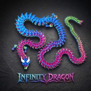 Puede incluir: Una figura de dragón articulada y flexible con un degradado vibrante de escamas azules, magenta y verdes. El dragón tiene cuernos blancos y está colocado en una forma serpenteante y curva. Debajo del dragón, el texto dice INFINITY DRAGON.