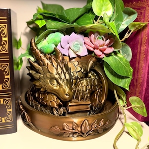 May include: A bronze-colored planter shaped like a sleeping dragon resting its head on a book. The circular base features a raised leaf pattern. The planter is filled with green leafy vines and artificial succulent plants in shades of pink and green.