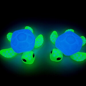 Può includere: Due piccole statuette di tartaruga con gusci blu luminescenti e arti verde brillante con motivi a macchie. Le tartarughe hanno grandi occhi neri e sono illuminate su uno sfondo scuro, creando un vivido effetto bioluminescente.