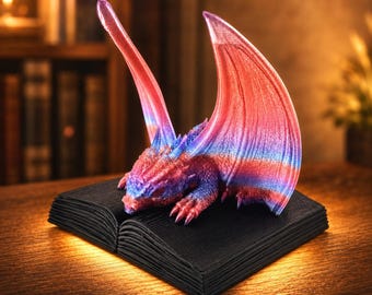 Reading Dragon Lamp, Fantasy Bookshelf Light, Book Nook Decor, Dragon Reader Gift, LED Accent Lamp