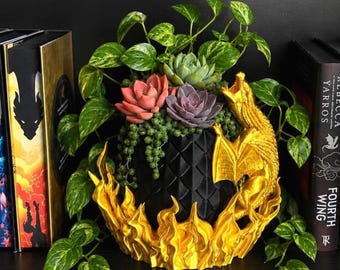 Golden Fire Dragon Egg Planter, Large Fantasy Succulent Pot, Gothic Bookshelf Decor, Dragon Lover Gift